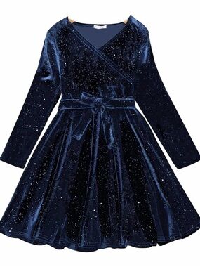 NWOT Girls' Sparkle Navy Velvet Wrap Dress with Waist Tie, 9-10 yrs old